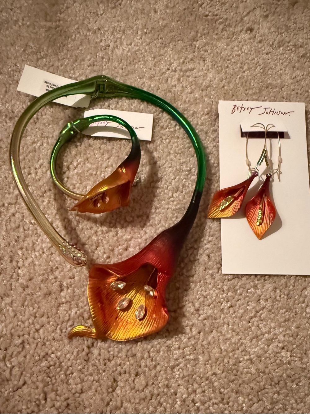 BETSEY Johnson Orange calla Lily set - trio of bracelet, necklace, and earrings.